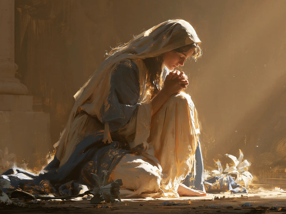 the Virgin Mary in prayer in Symbolist style, landscape Christian artwork no. 8