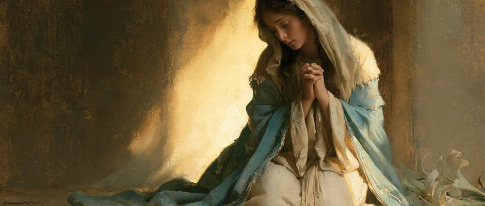 the Virgin Mary in prayer in Symbolist style, landscape Christian artwork no. 16