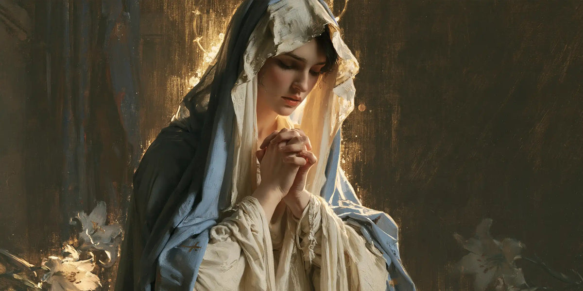 Virgin Mary in Prayer — The Veil Scalloped with Light