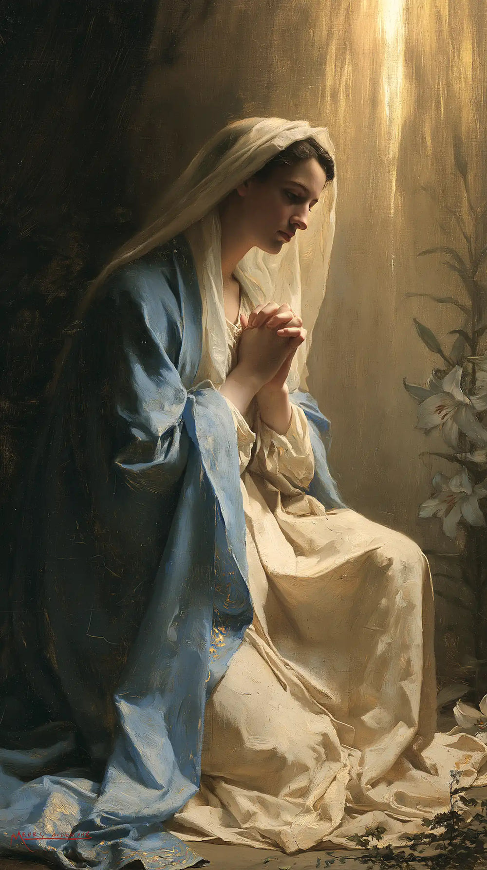the Virgin Mary in prayer in Symbolist style, portrait Christian artwork no. 5