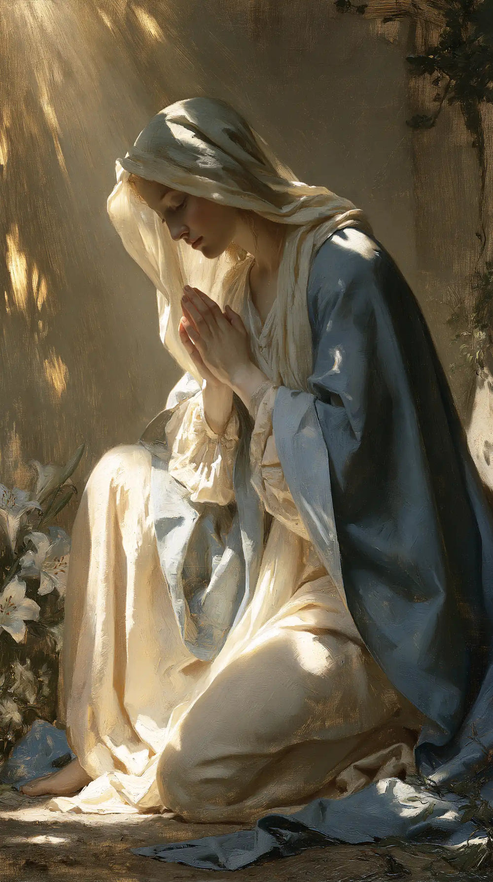 the Virgin Mary in prayer in Symbolist style, portrait Christian artwork no. 10