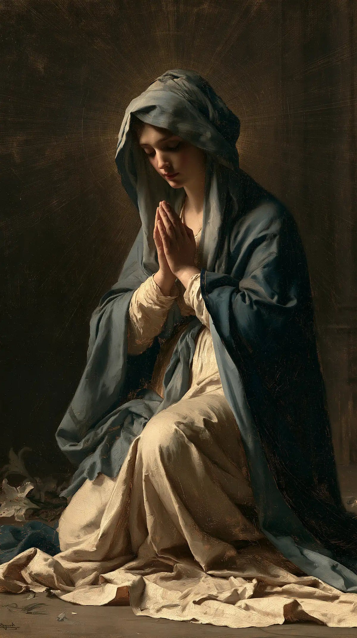 Virgin Mary in Prayer — The Dark Cloak and the Pale Palms