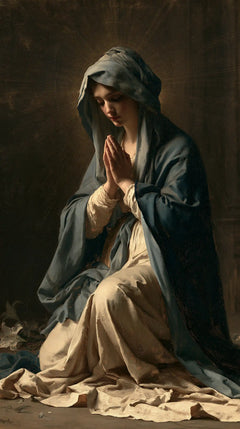 Virgin Mary in Prayer — The Dark Cloak and the Pale Palms