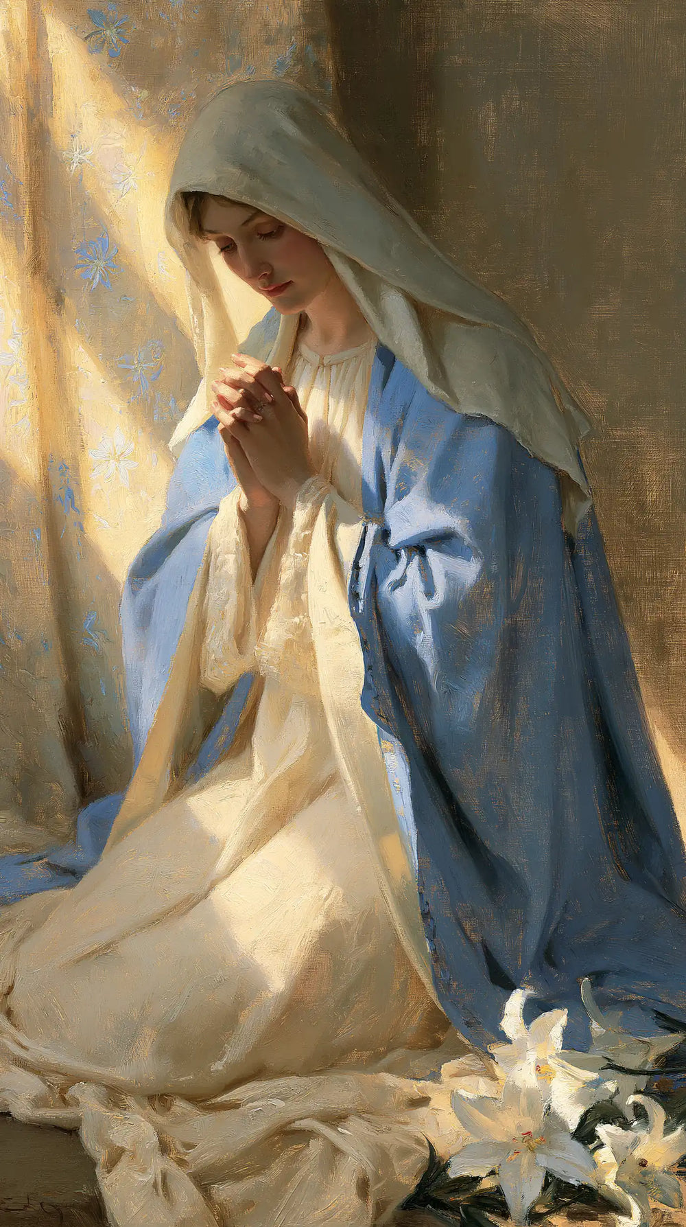 the Virgin Mary in prayer in Symbolist style, portrait Christian artwork no. 16