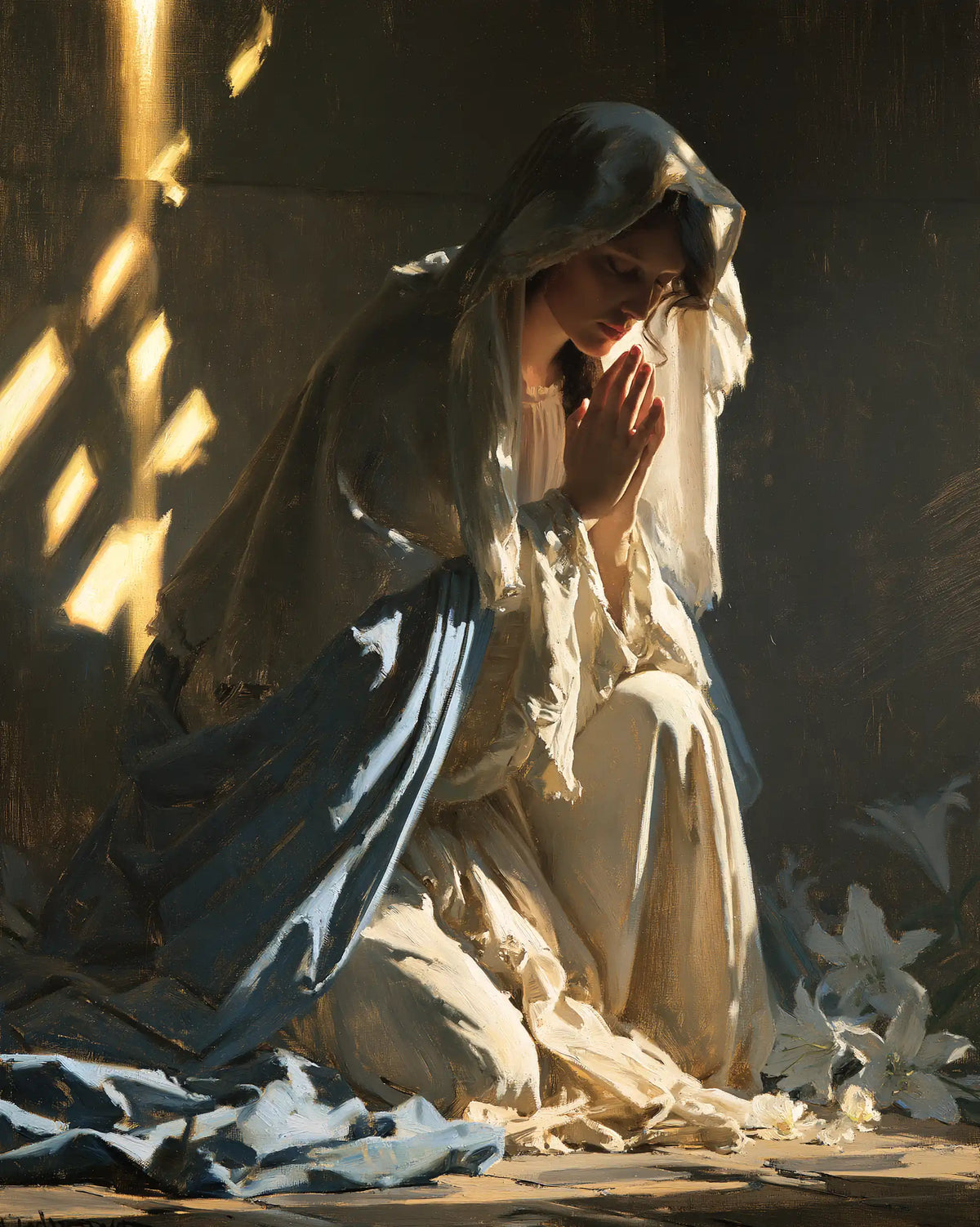 Virgin Mary in Prayer — Contemplation in Geometric Gleams