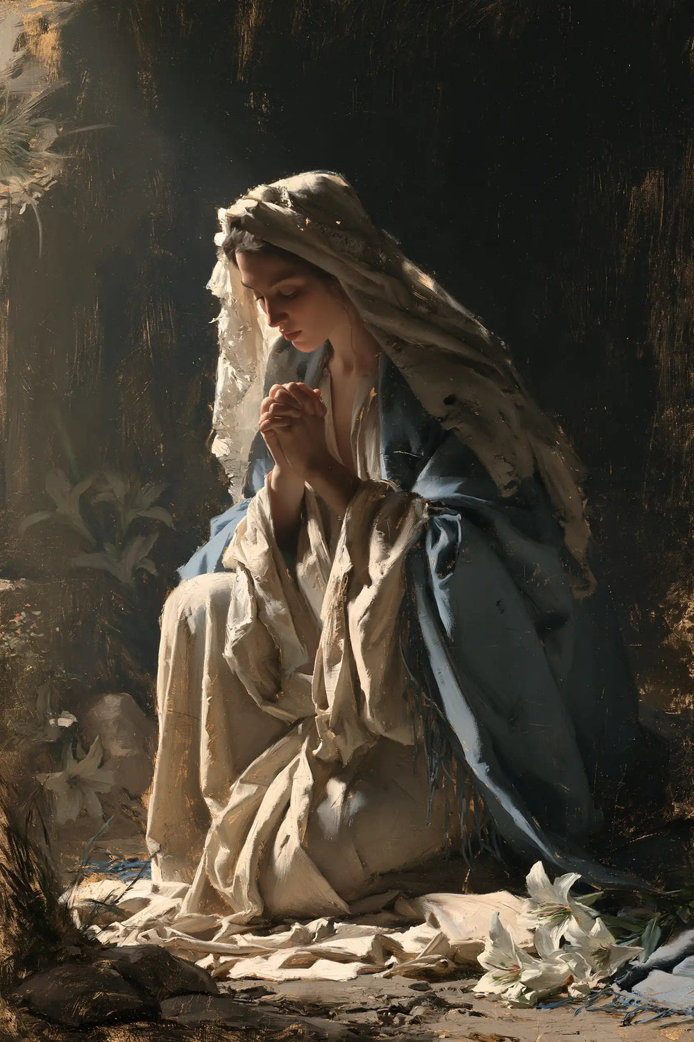 the Virgin Mary in prayer in Symbolist style, portrait Christian artwork no. 21
