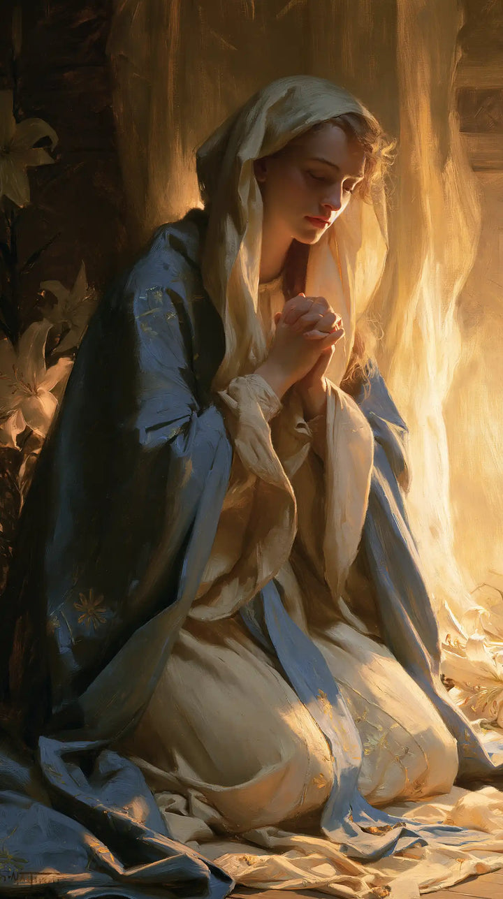 Virgin Mary in Prayer — Gold Behind the Stillness