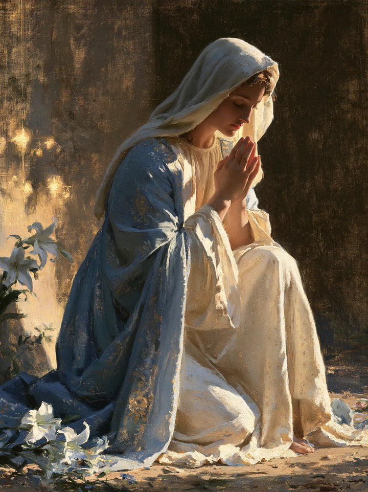 Virgin Mary in Prayer — Lilies Beside the Mantle