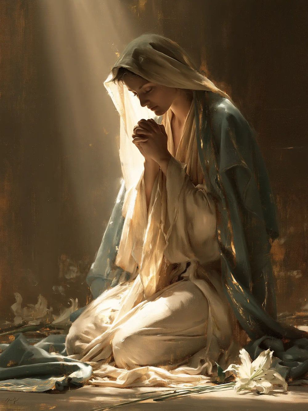 the Virgin Mary in prayer in Symbolist style, portrait Christian artwork no. 38