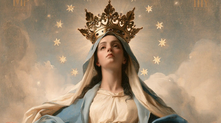 Mary, Queen of Heaven — The Upturned Face Beneath Royal Leaves