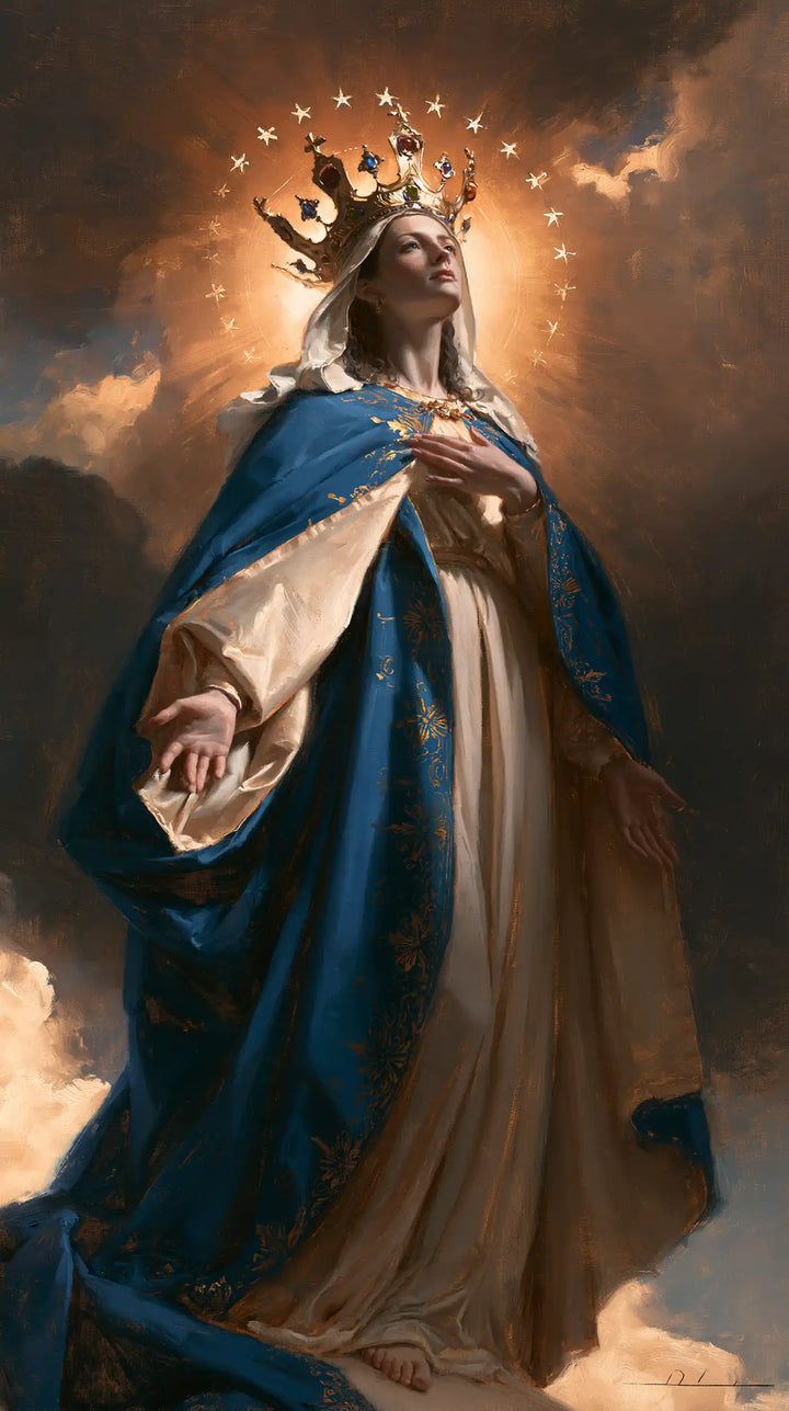 Mary, Queen of Heaven — The Offered Palm Beneath Ember Stars