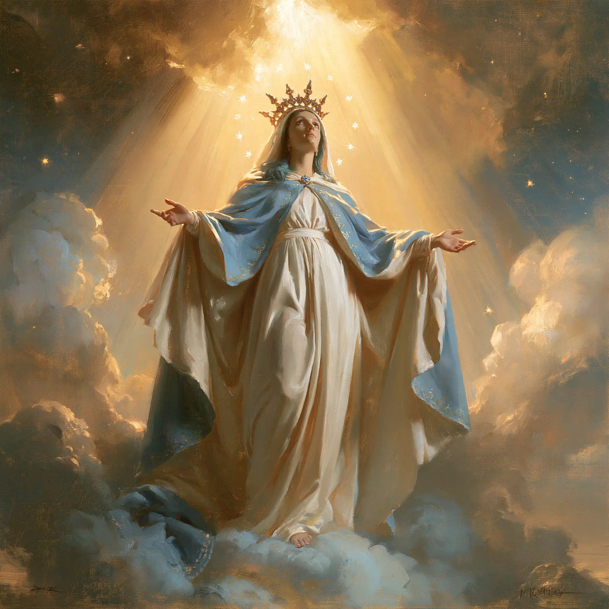 Mary as Queen of Heaven before heavenly light in Mary before Heavenly Light style, square Christian artwork no. 2