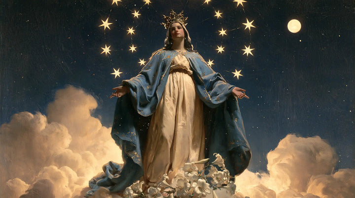 Mary, Queen of Heaven — Blossoming Beneath the Golden Moon