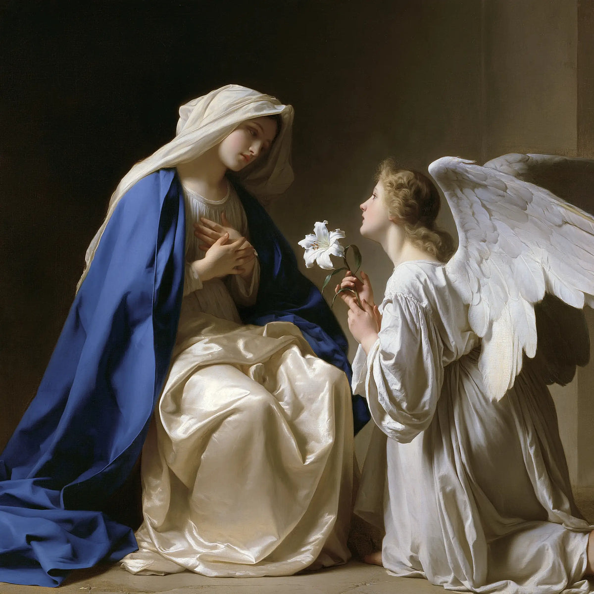 Mary Seated beside the Tenebrist Lily – Caravaggio-Inspired Tenebrist Art · Square