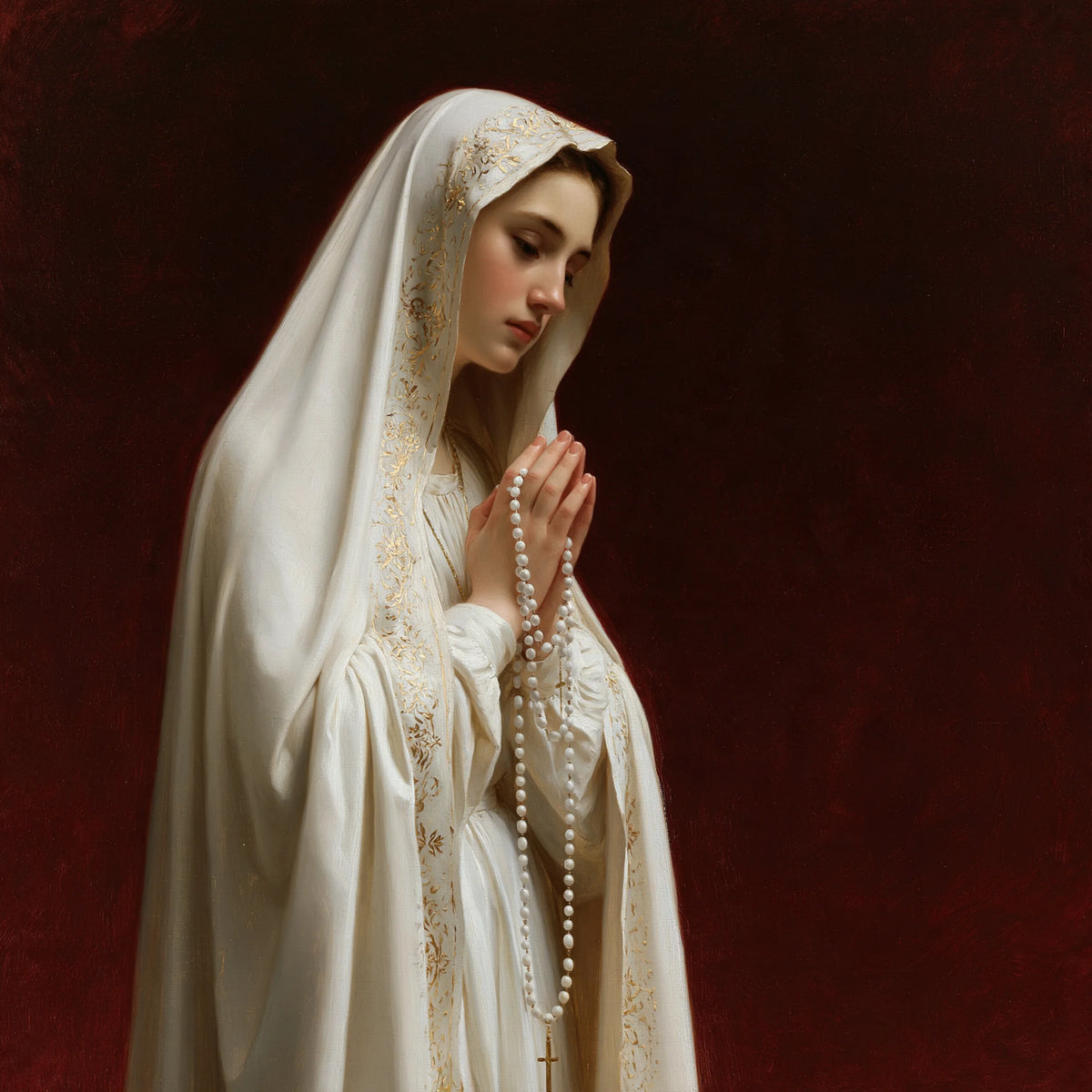 Our Lady of Fatima – Ivory Prayer Before Burgundy