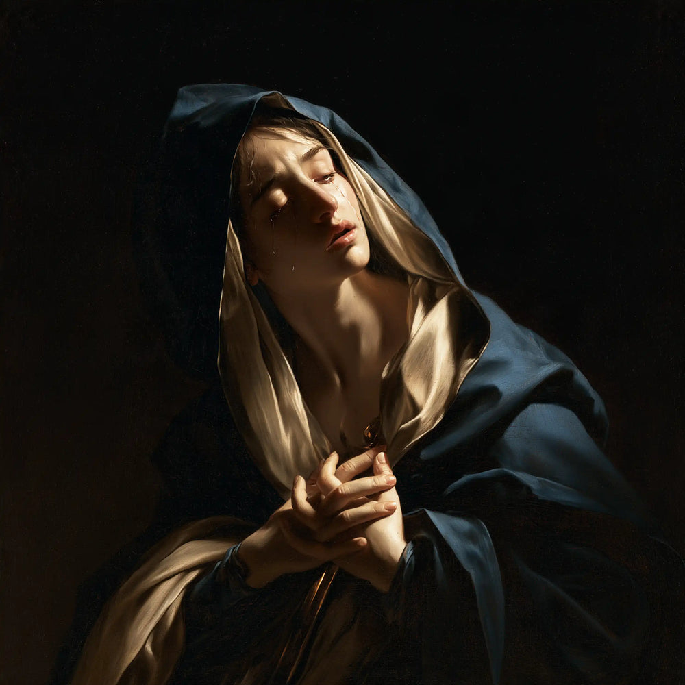 Our Lady of Sorrows in dramatic chiaroscuro in Caravaggio Tenebrism style, square Christian artwork no. 10