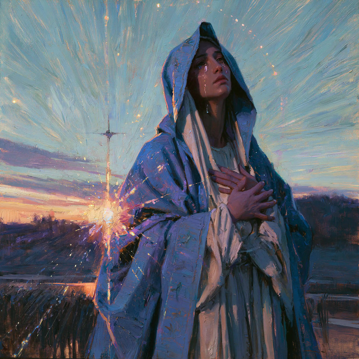 Our Lady of Sorrows in an impressionist atmosphere in Impressionist style, square Christian artwork no. 1