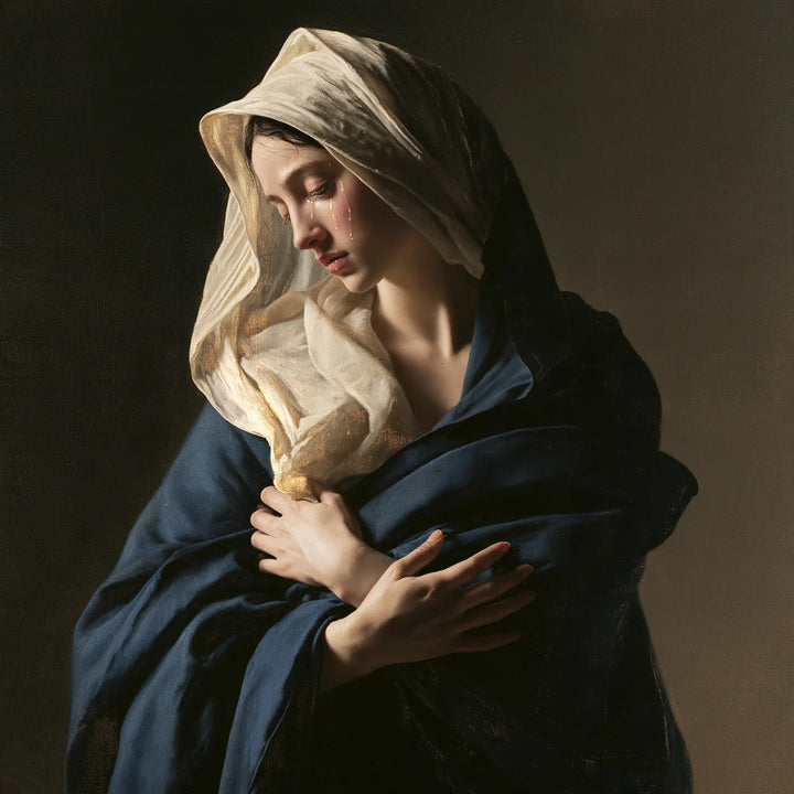Our Lady of Sorrows — The Lowered Gaze in Pearly Folds