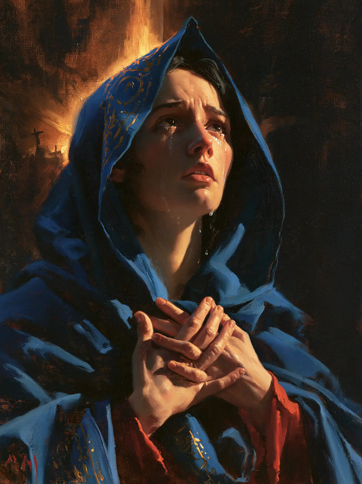 Mary experiencing profound maternal sorrow in Profound Maternal Sorrow style, portrait Christian artwork no. 22