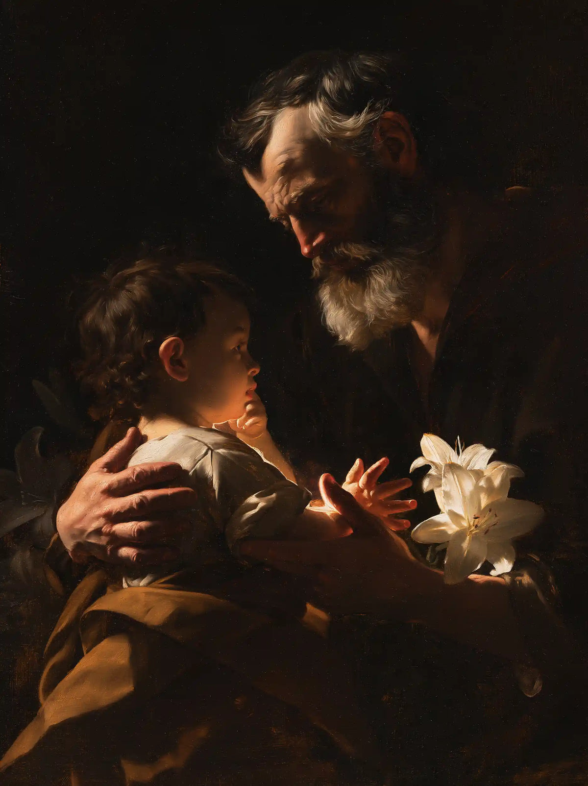 Saint Joseph with the Child Jesus – Caravaggio Tenebrism · Portrait no. 5