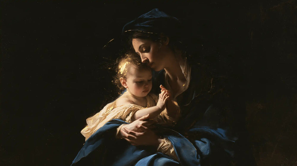 the Virgin Mary holding the Child Jesus in Black and Gold style, landscape Christian artwork no. 19