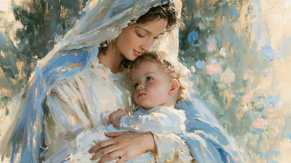 the Virgin Mary and the Child Jesus together in Impressionist style, landscape Christian artwork no. 13