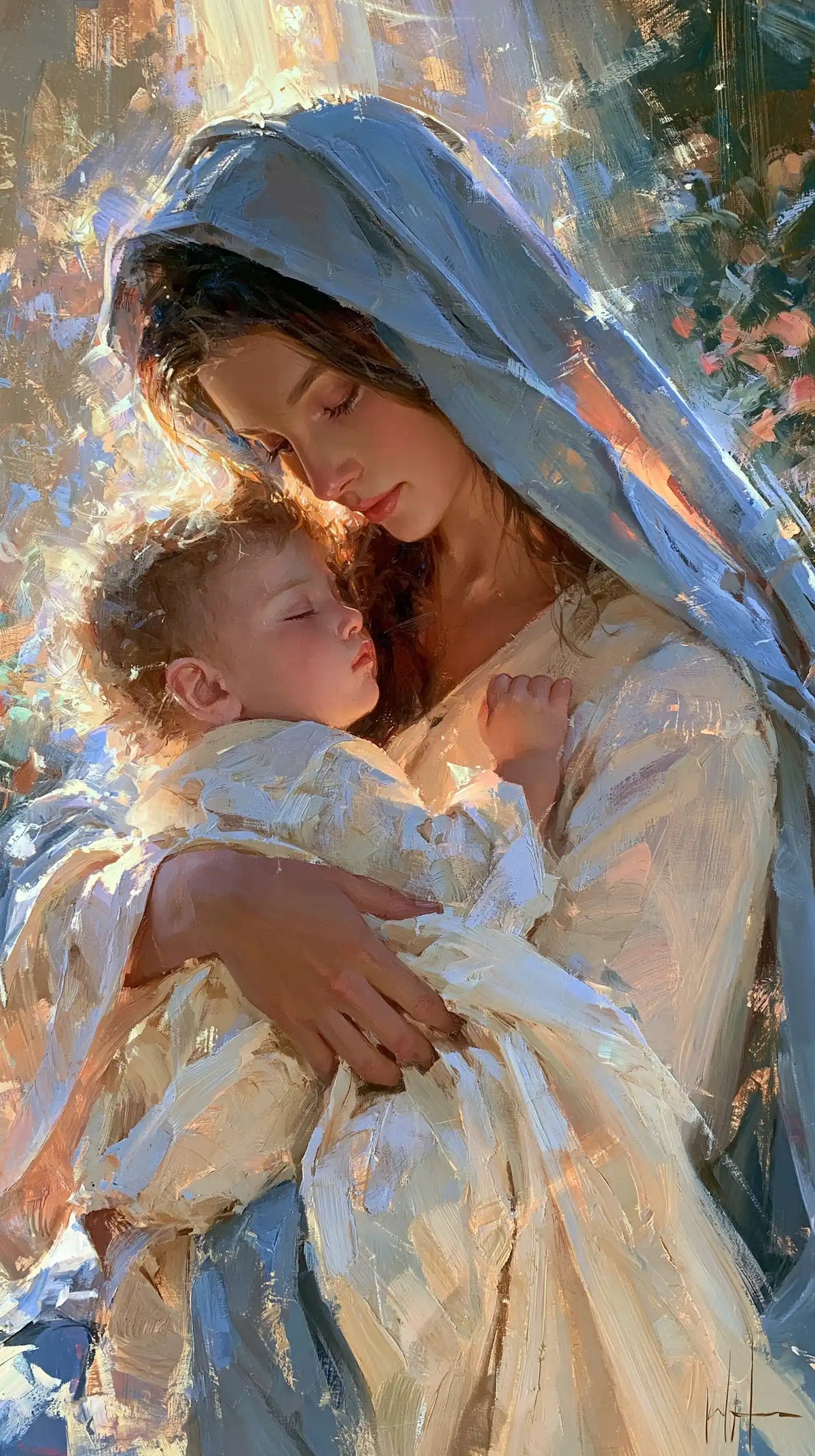 The Virgin and Child — The Embrace Beneath a Sky-Blue Hood