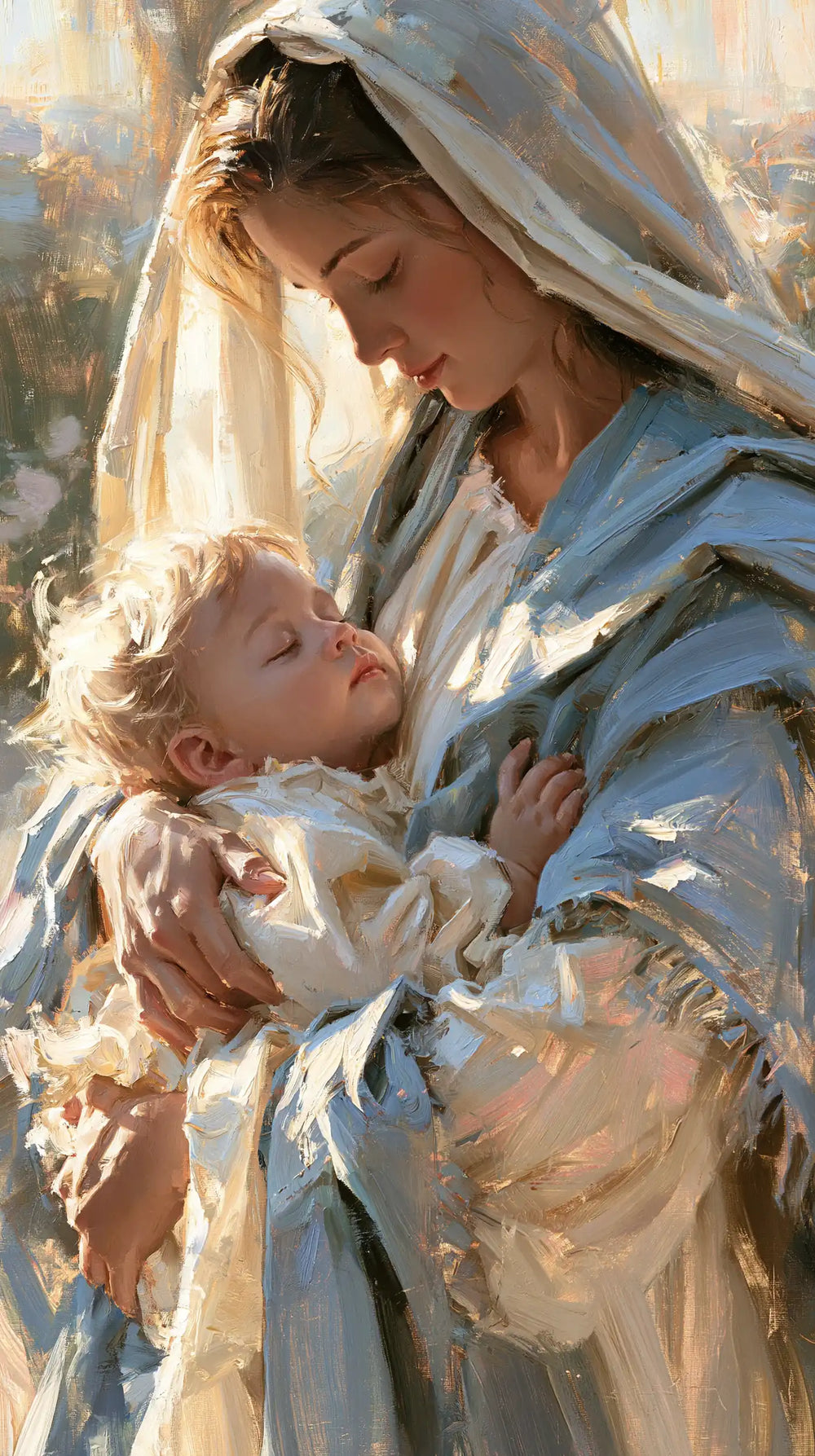the Virgin Mary and the Child Jesus together in Impressionist style, portrait Christian artwork no. 29