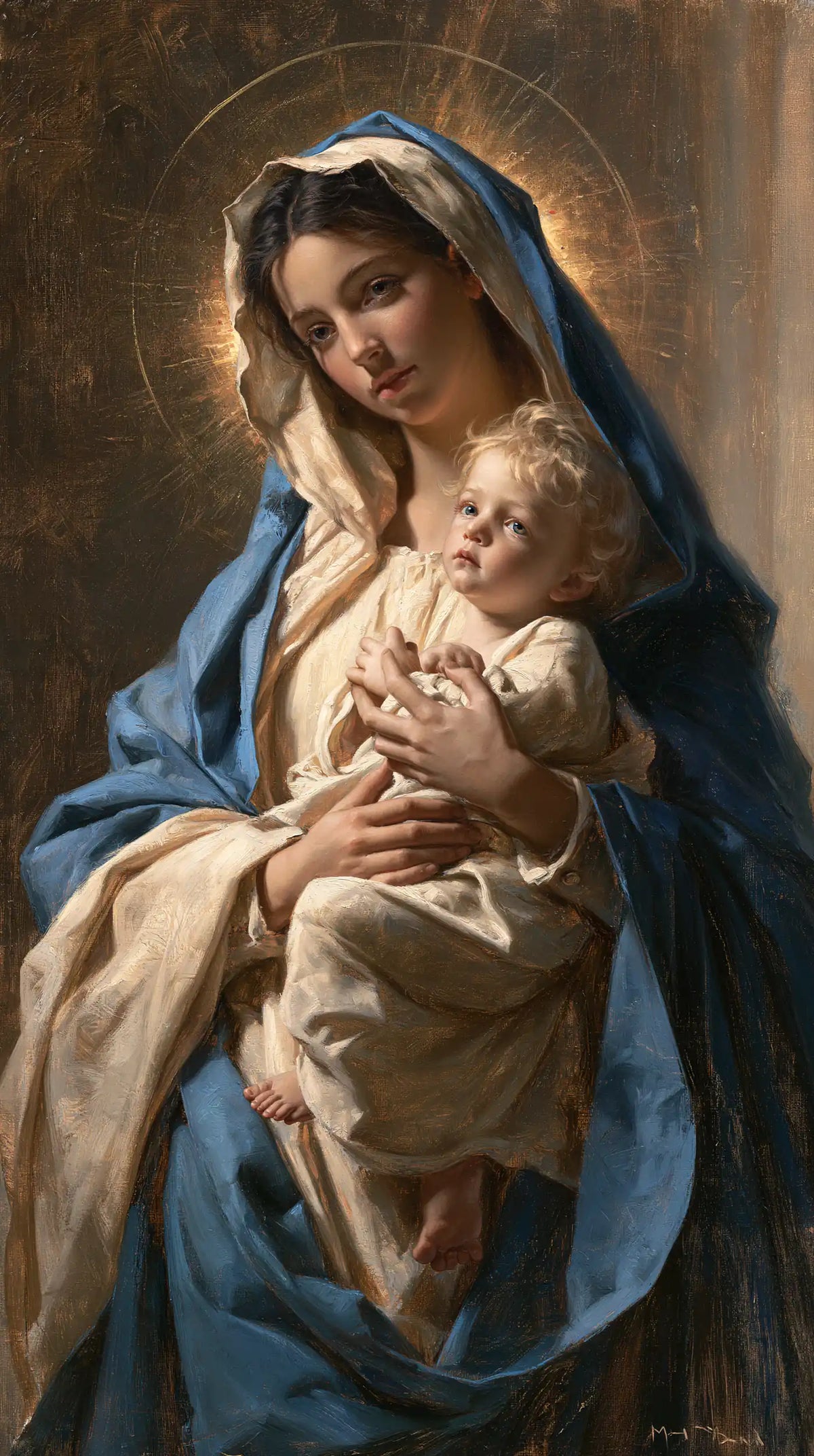 The Virgin and Child — The Fair-Haired Gaze Beneath the Veil’s Circles