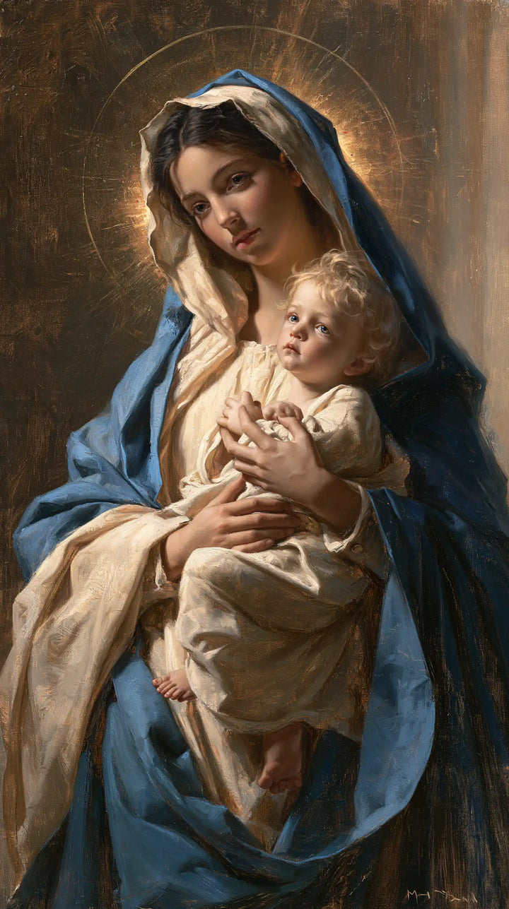 The Virgin and Child — The Fair-Haired Gaze Beneath the Veil’s Circles