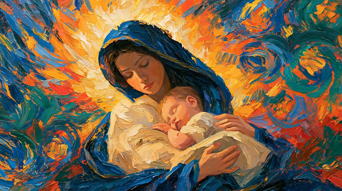 The Virgin and Child — Quiet Embrace in Cobalt and Gold